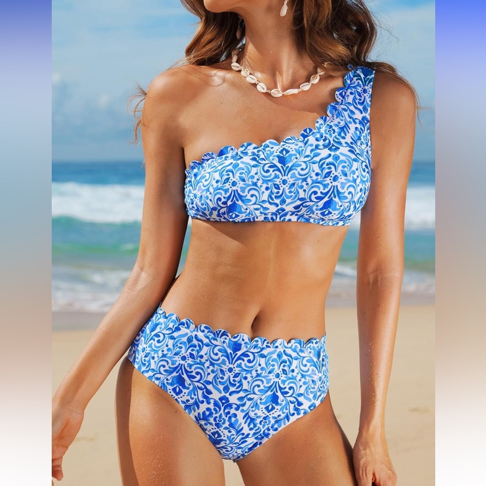 Blue Patterned One-Shoulder Bikini
